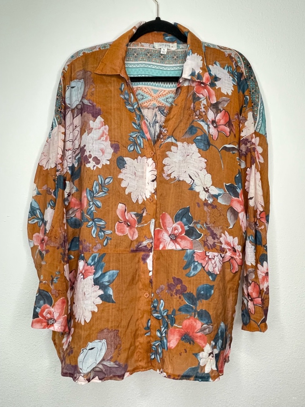 Umgee Ladies Size XL Brown Semi Sheer Rolled Tab Sleeve Floral Button Up Blouse - Picture 1 of 7